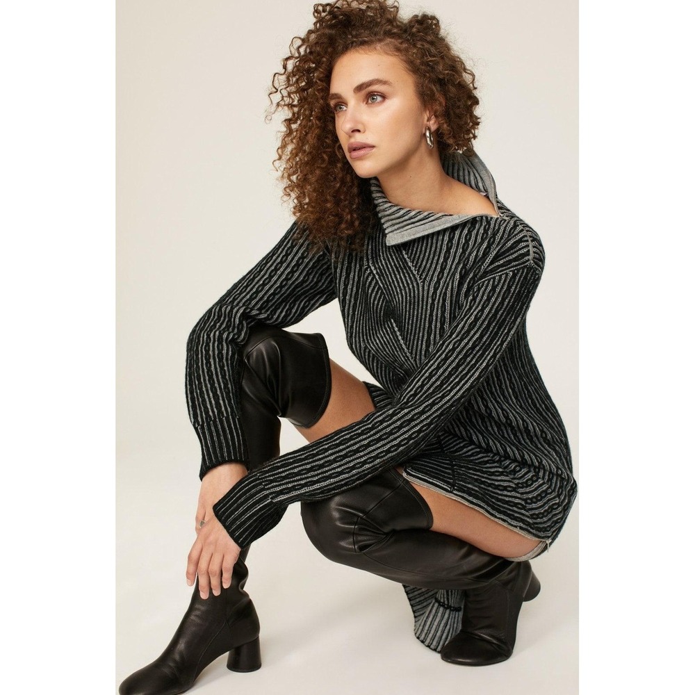 NAADAM‎ Sweater Dress Womens XS Black Gray Striped Wool Cashmere Turtleneck Zip